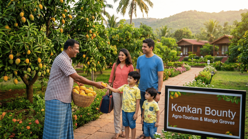 Cheerful local host Mahesh welcomes an urban family to the 'Konkan Bounty Agro-Tourism & Mango Groves' resort, handing a ripe Alphonso mango to the smiling 6-year-old son, illustrating the active, income-generating potential of a strategic land investment in Konkan that leverages agriculture and the booming nature-tourism market.