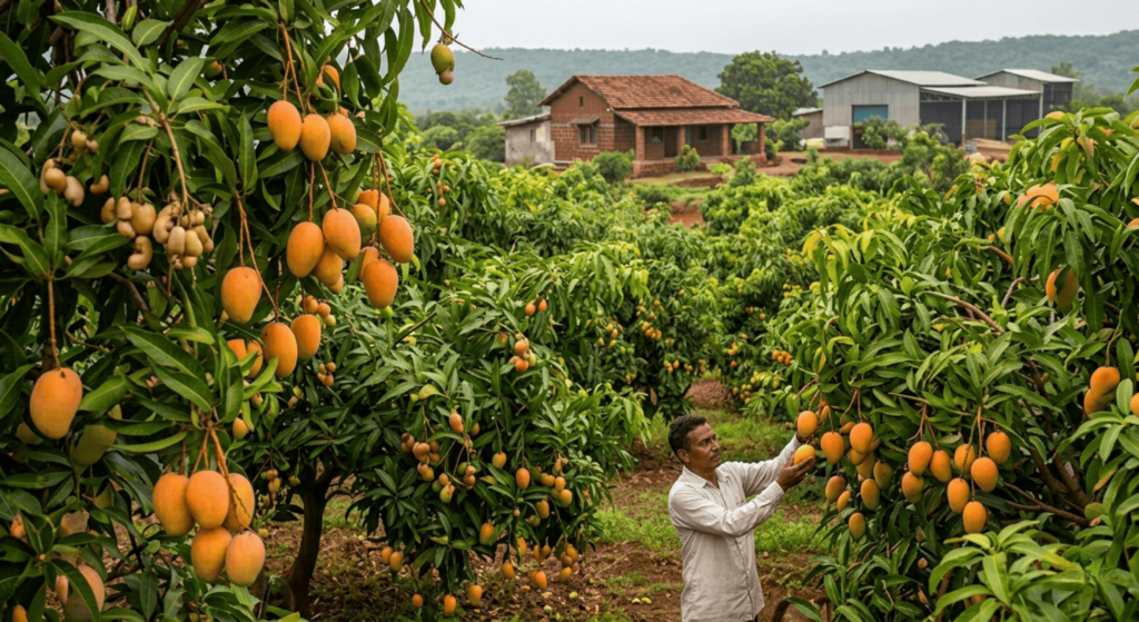 A detailed agricultural photograph set within a lush Alphonso mango orchard in the heart of Konkan during harvest season. A local farmer, wearing a patterned shirt and seated among the low-hanging branches, is captured carefully picking a ripe, golden-yellow mango. The image focuses sharply on the farmer's hands and the ripe fruit, surrounded by heavy clusters of mangoes. Behind him are other thriving mango and cashew trees, leading to traditional red-tiled roof laterite stone farm buildings under a warm, late afternoon sun. This image illustrates the fertility and productive agricultural substance of Konkan land, showcasing opportunities mentioned in the blog for orchards and sustainable investment.