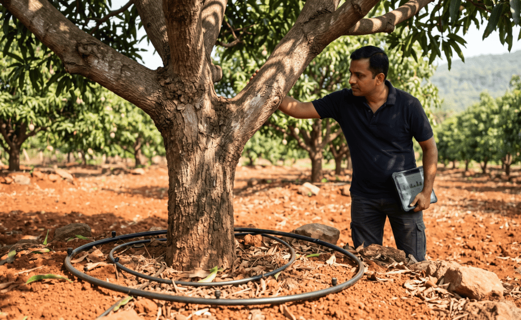 Konkan Agronomics scientist inspecting drip irrigation on managed mango farmland in Konkan at Tathastu Mango Valley